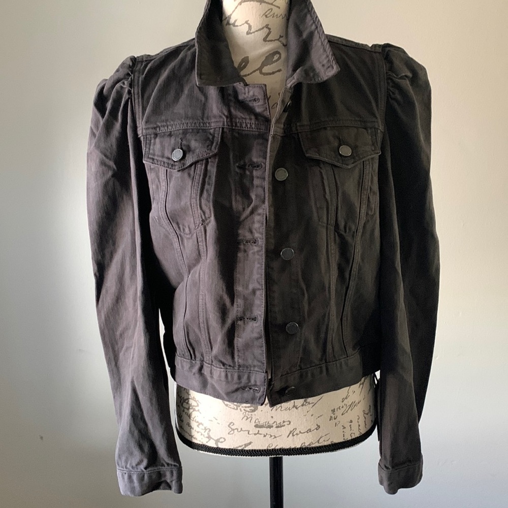 NWT BlankNYC Cropped Trucker Puff Sleeve Charcoal Denim Jacket